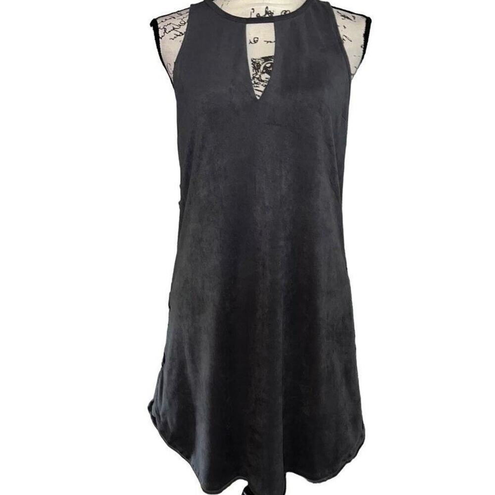 Black Swan Charcoal Gray Faux Suede Keyhole Shift Dress Lace Up Sides Medium